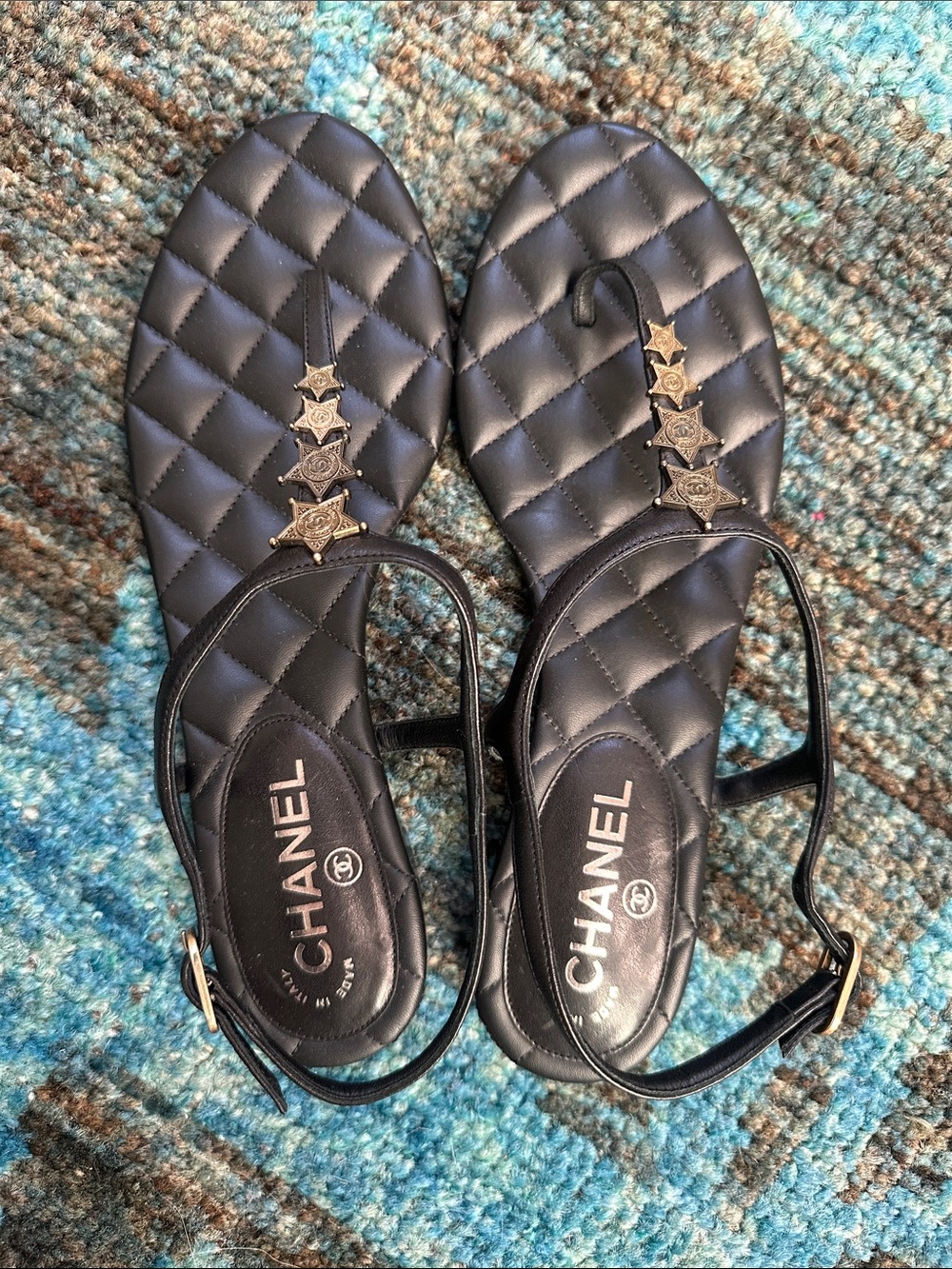 CHANEL Black Quilted Leather Star-Embellished Sandals - size 40